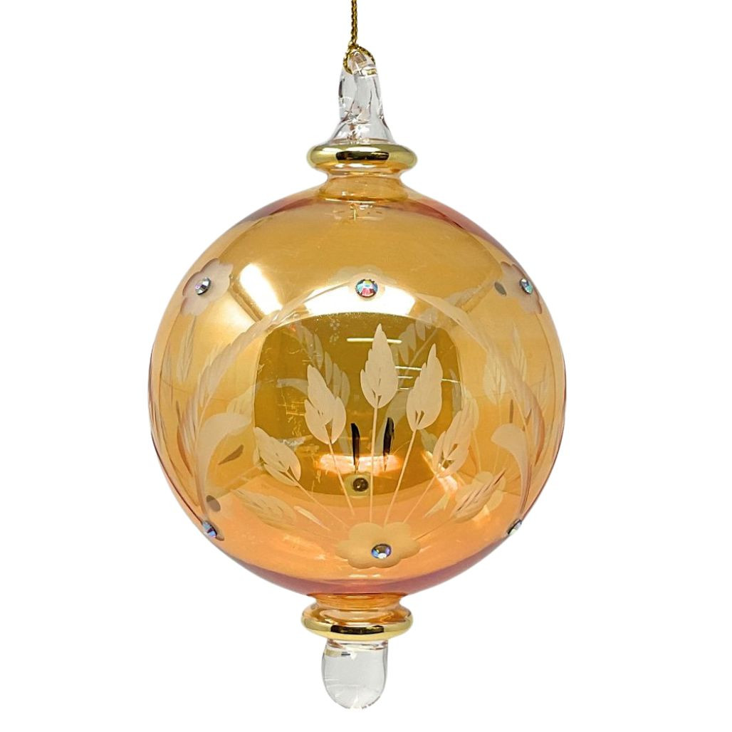Yellow Etched Ball with Flowers Ornament