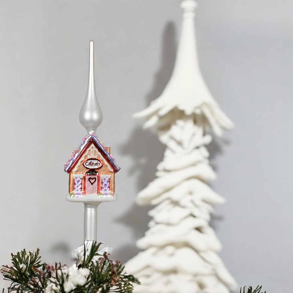 Glass Gingerbread House With Purple Roof Finial Tree Topper