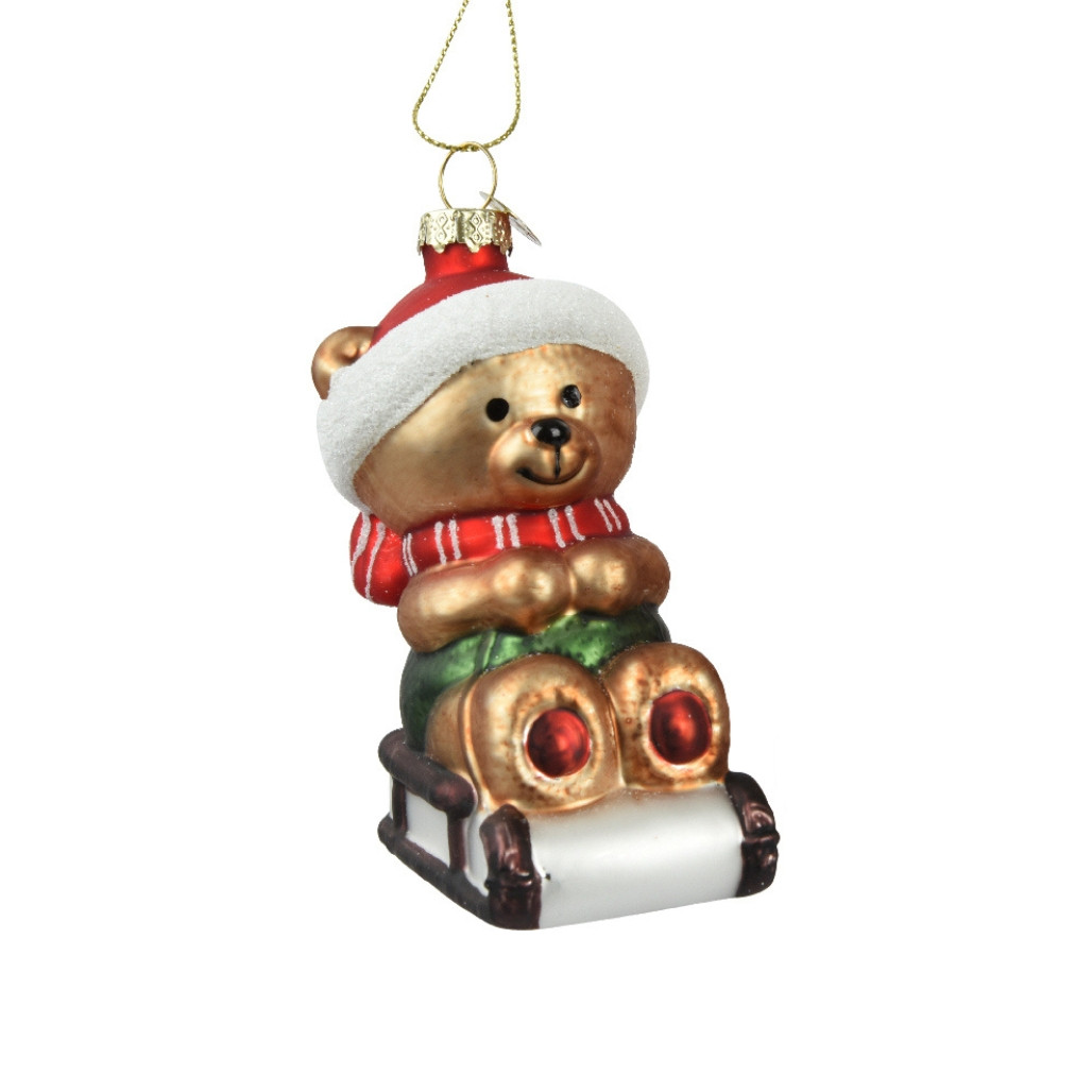 Blown Glass Teddy Bear on Sled Ornament