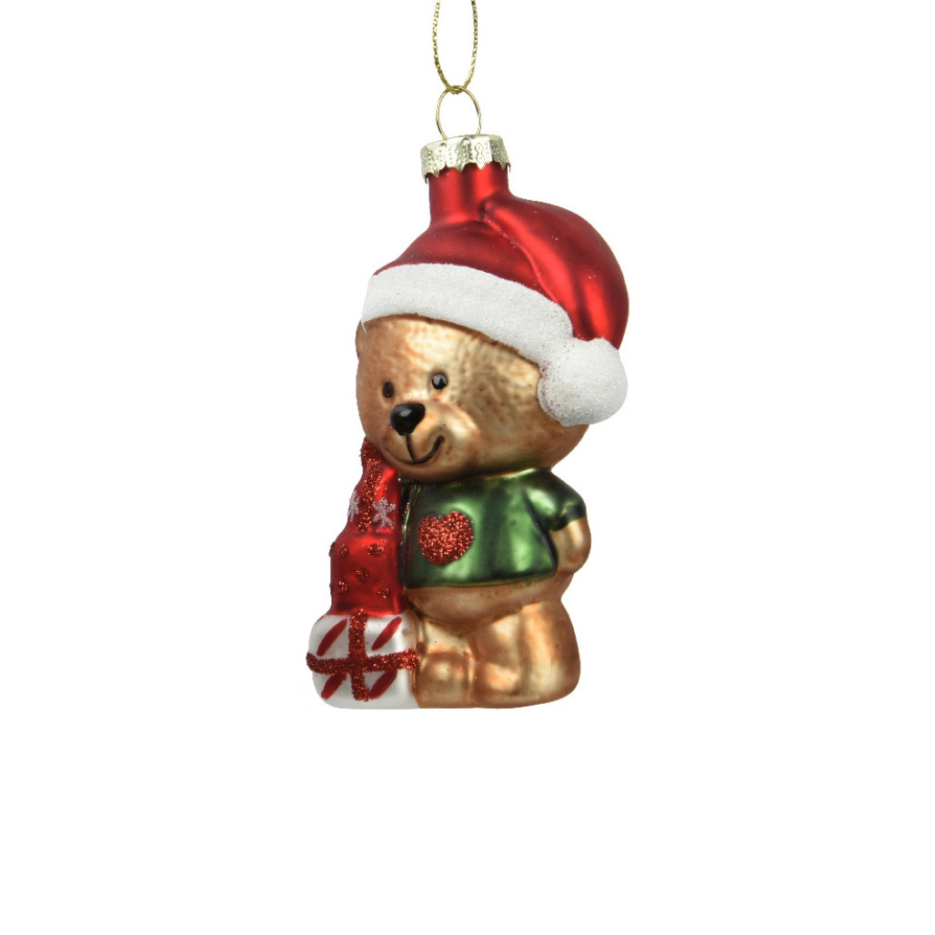 Blown Glass Teddy Bear with Presents Ornament