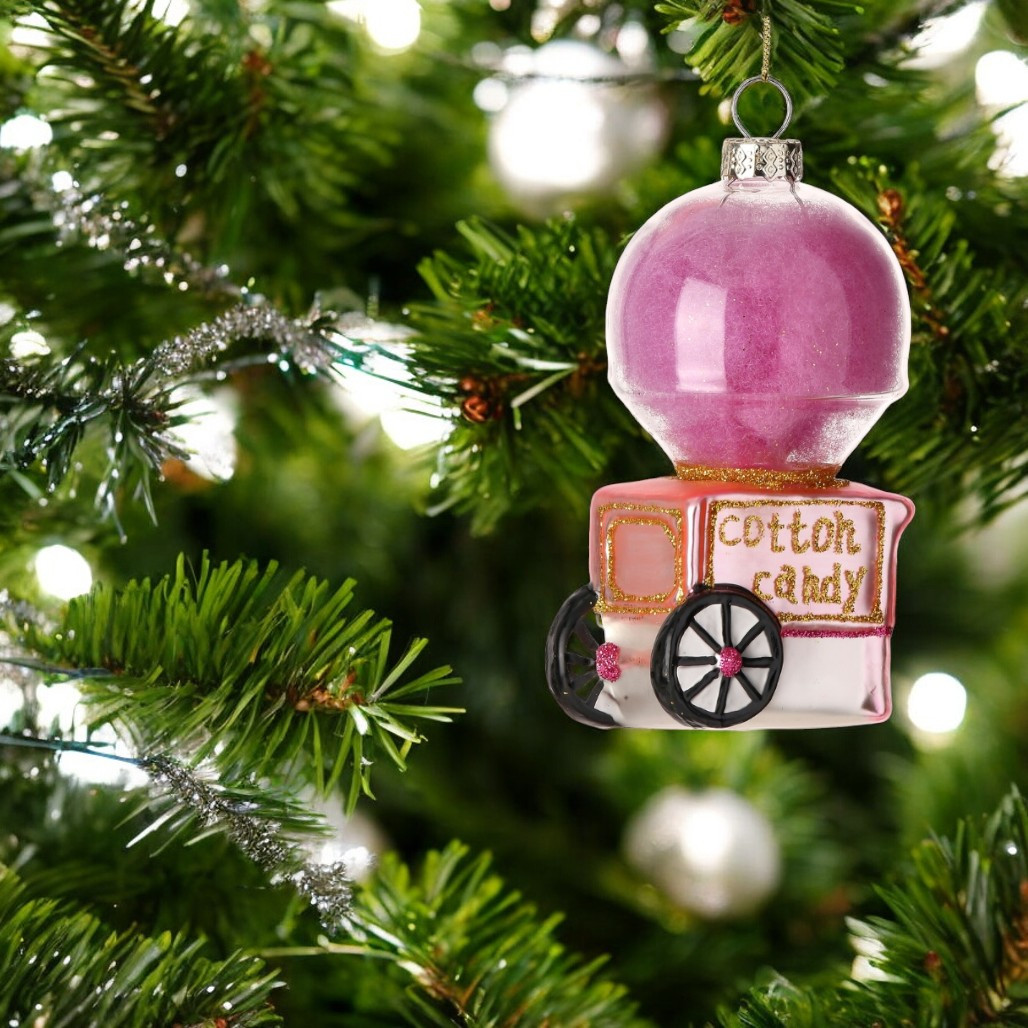 Glass Pink Cotton Candy Cart Ornament