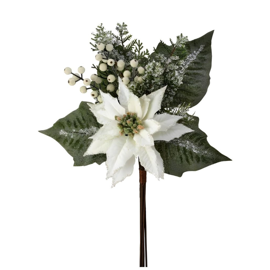 Velvet White Poinsettia Berry Pine Iced Pick