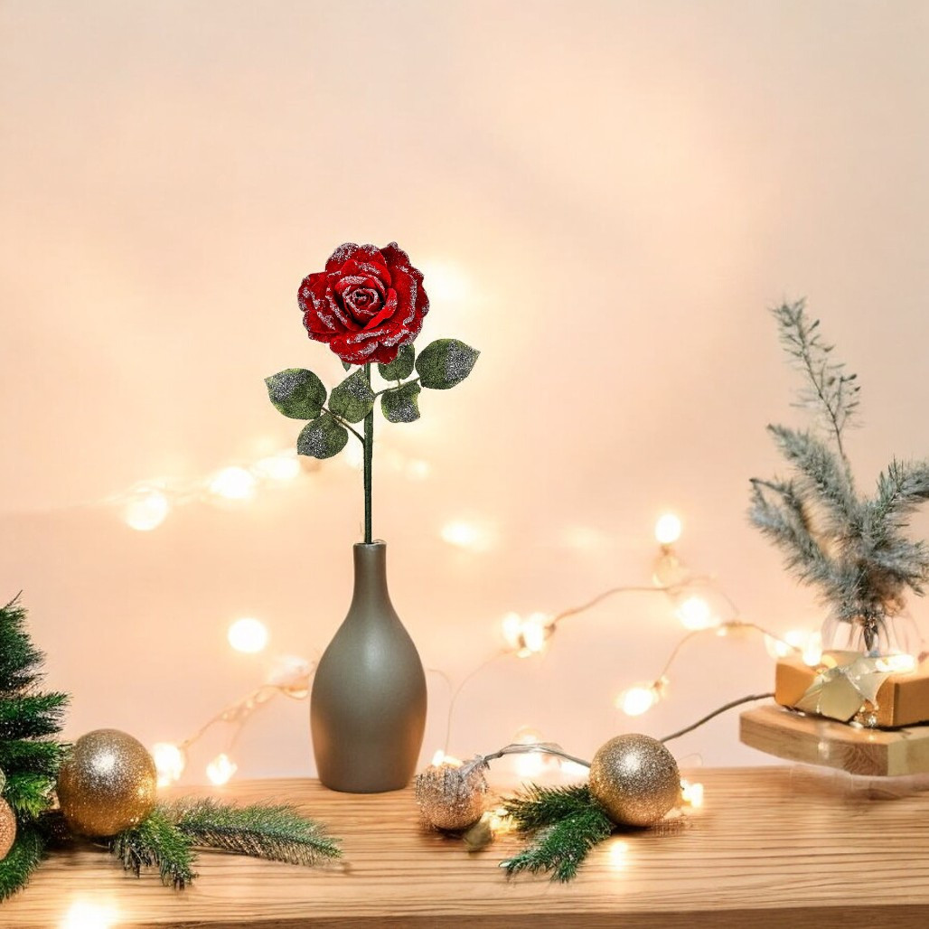 Snow Edge Velvet Red Rose Stem