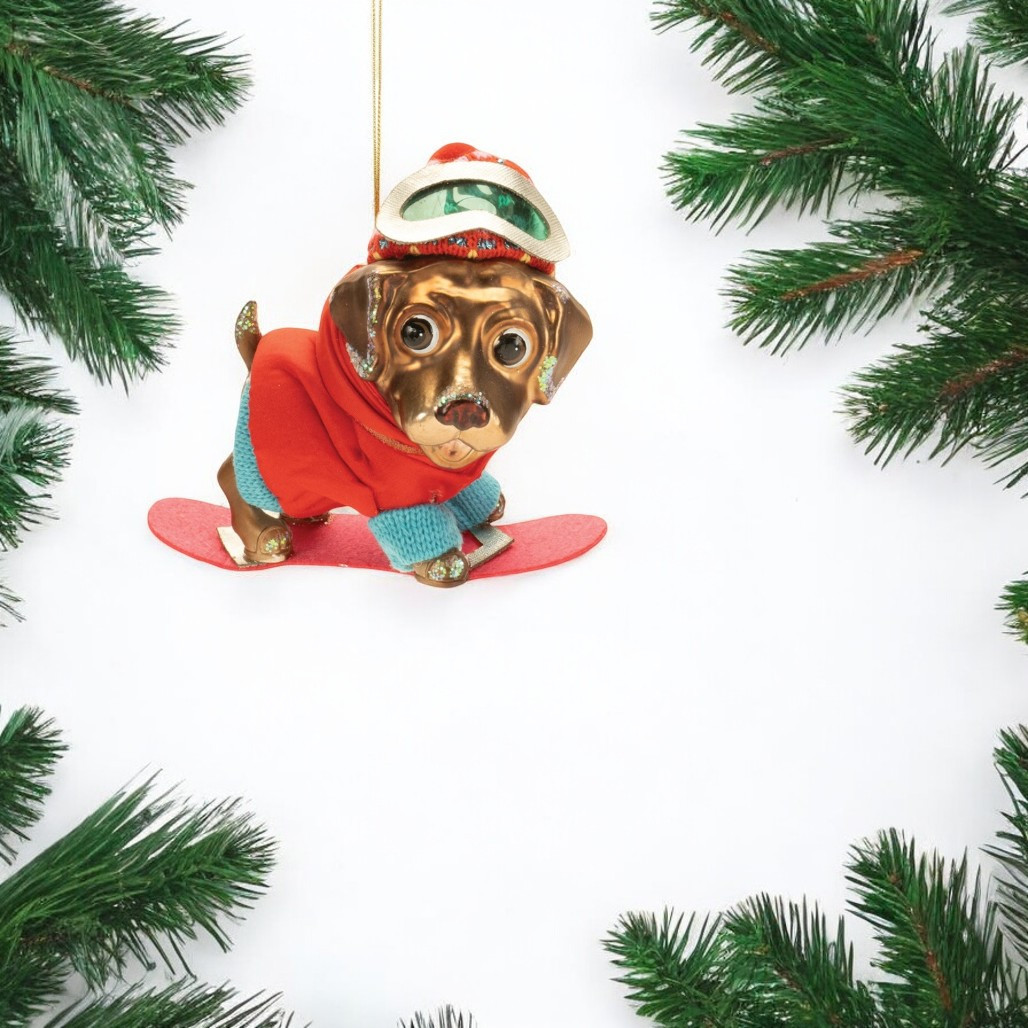 Snowboard Dog in Red Jacket Ornament
