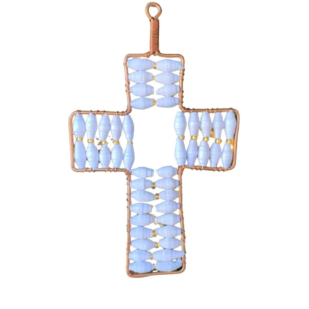 Cross Ornament with White Paper Beads