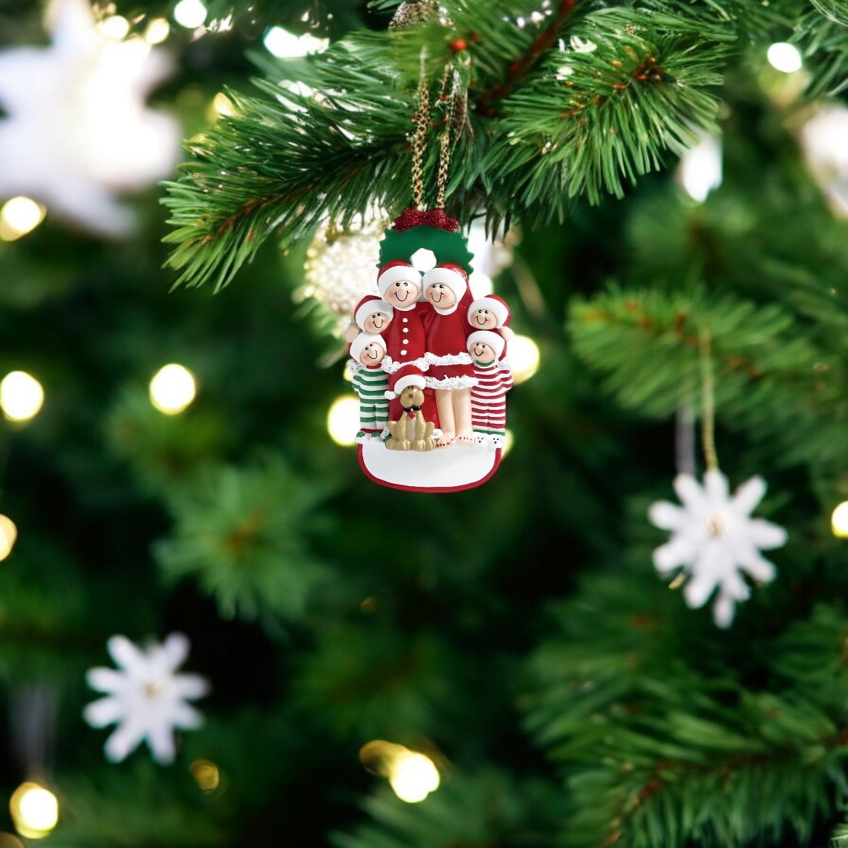 Personalized Family of Six Christmas Ornament with Dog