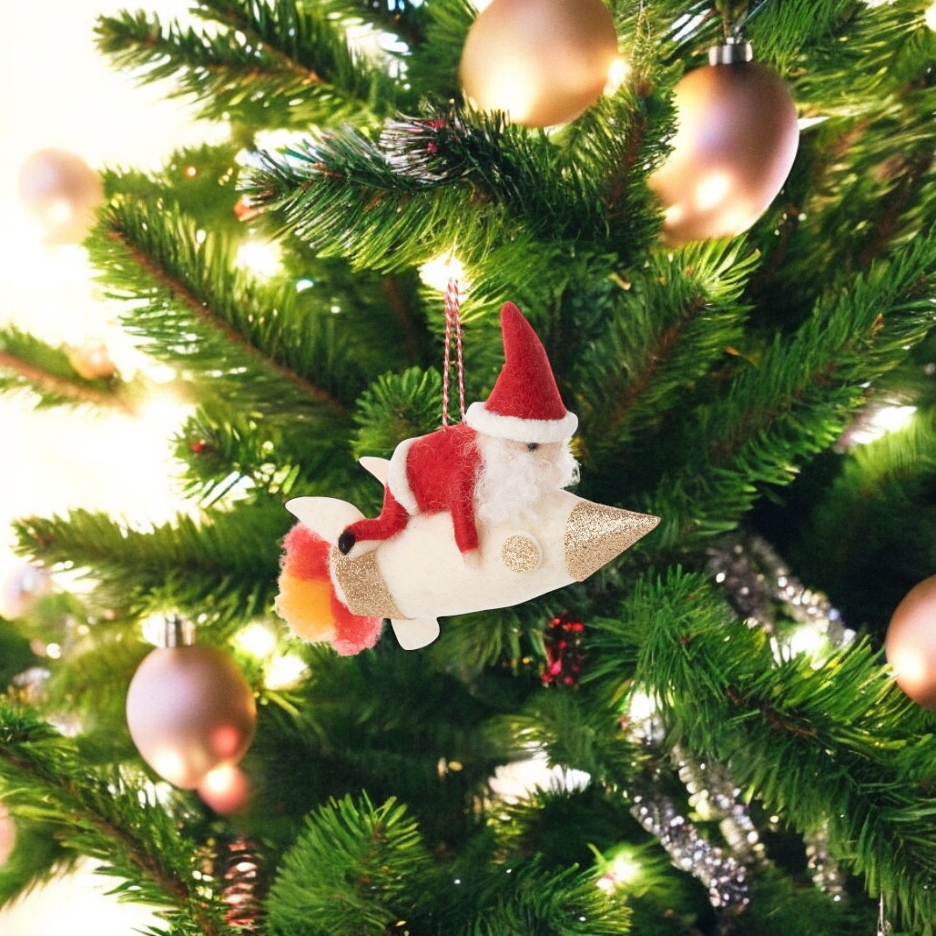 Felt Santa on Rocket Ornament