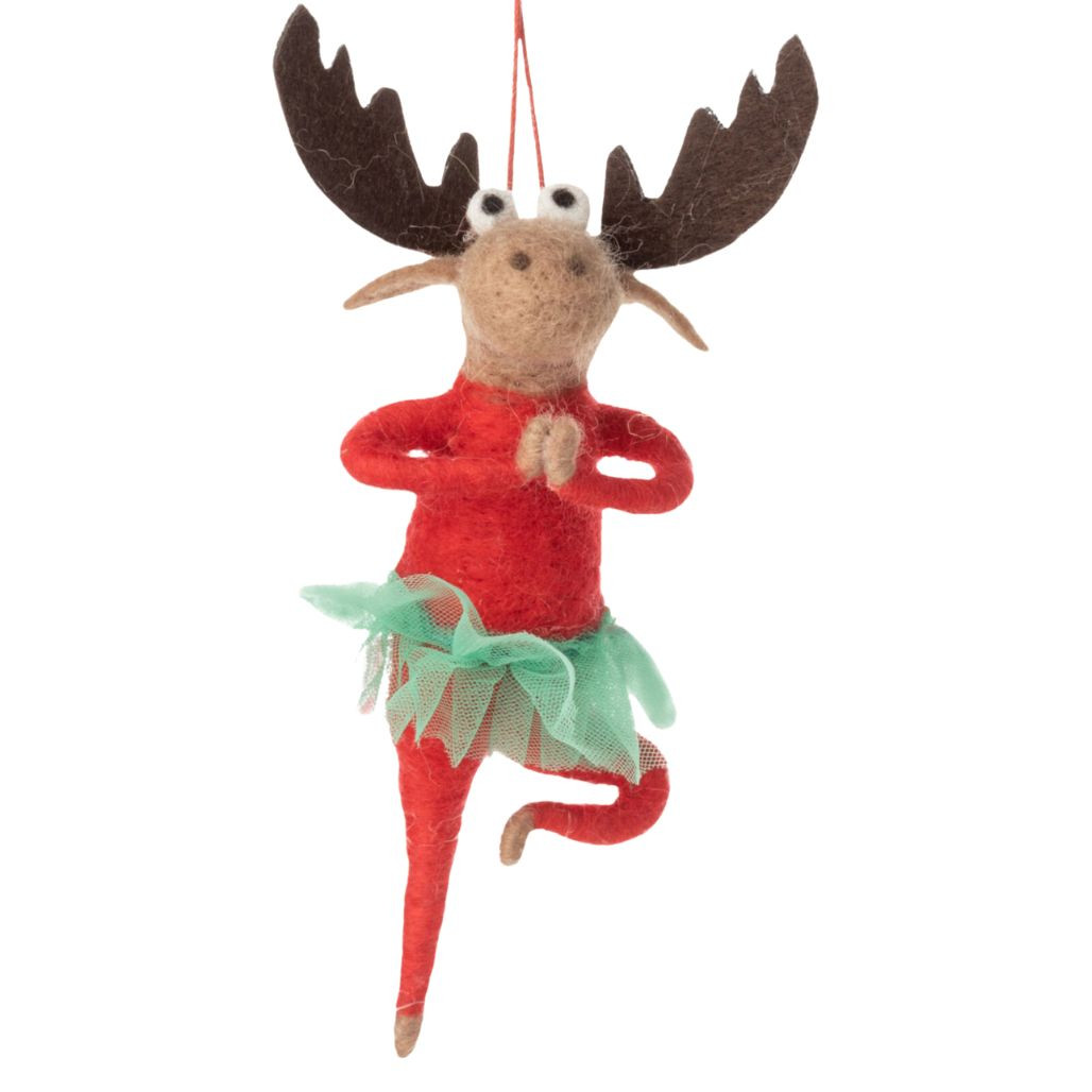 Felt Moose Yoga Pose Ornament in Red Top