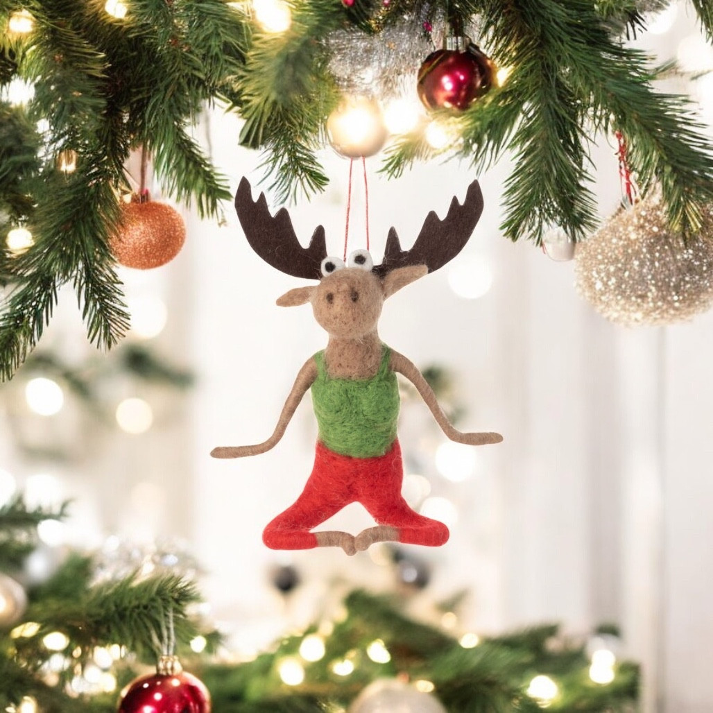 Felt Moose Yoga Pose Ornament in Green Top