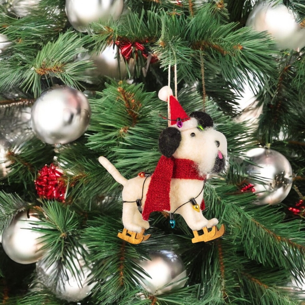 Felt Dog with Goatee on Skis Ornament