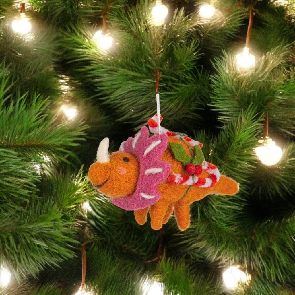 Felt Orange Dinosaur with Candy Canes Ornament