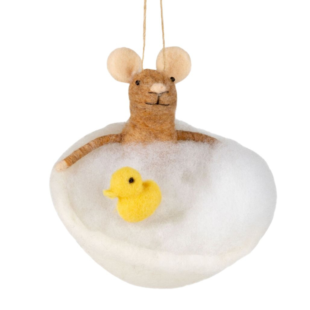 Felt Mouse in Bubble Bath with Yellow Duck Ornament