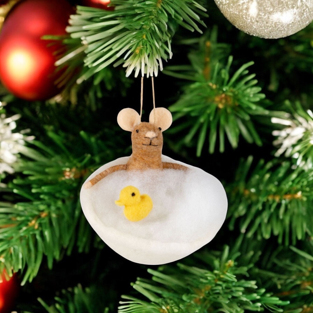 Felt Mouse in Bubble Bath with Yellow Duck Ornament