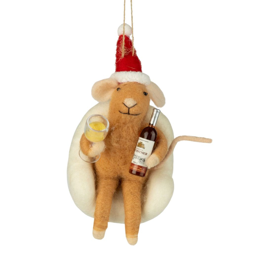 Felt Mouse Ornament with Wine Bottle & Glass
