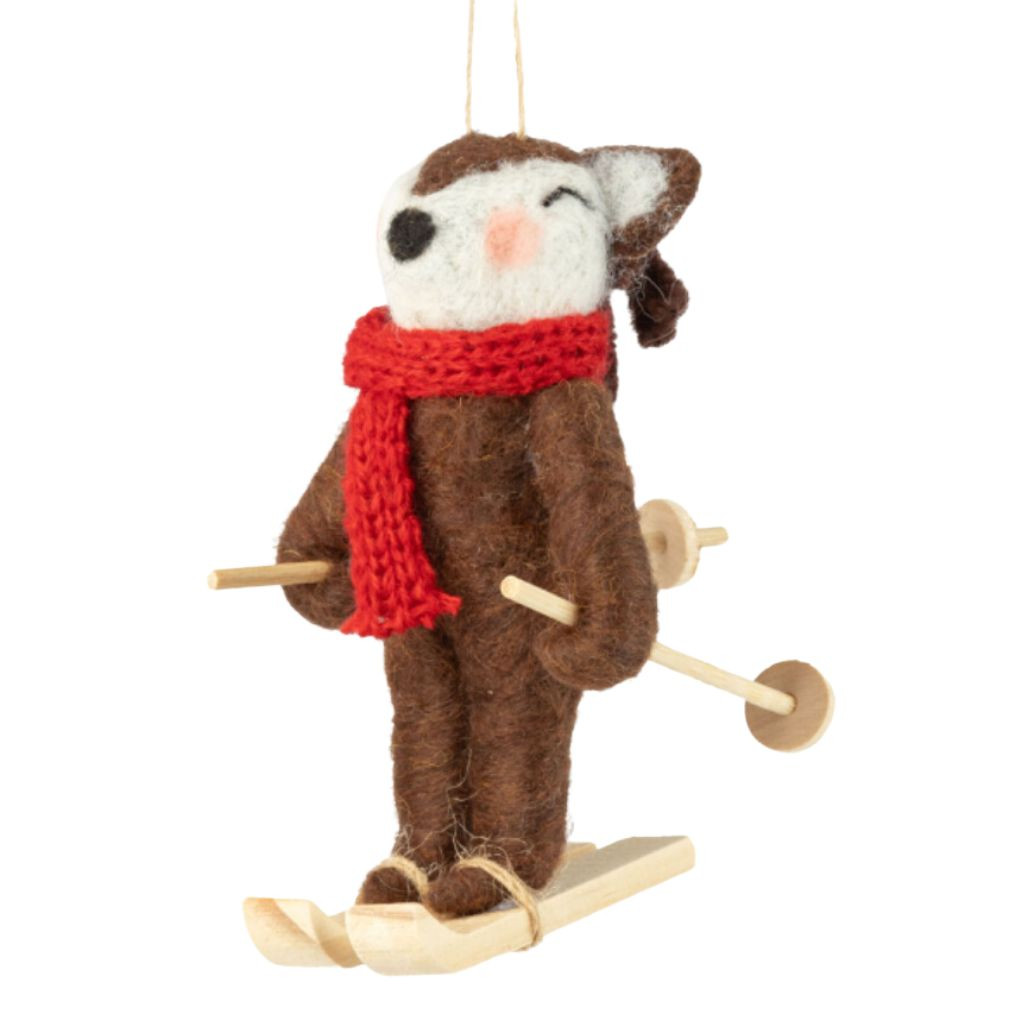 Felt and Wood Reindeer on Skis Ornament