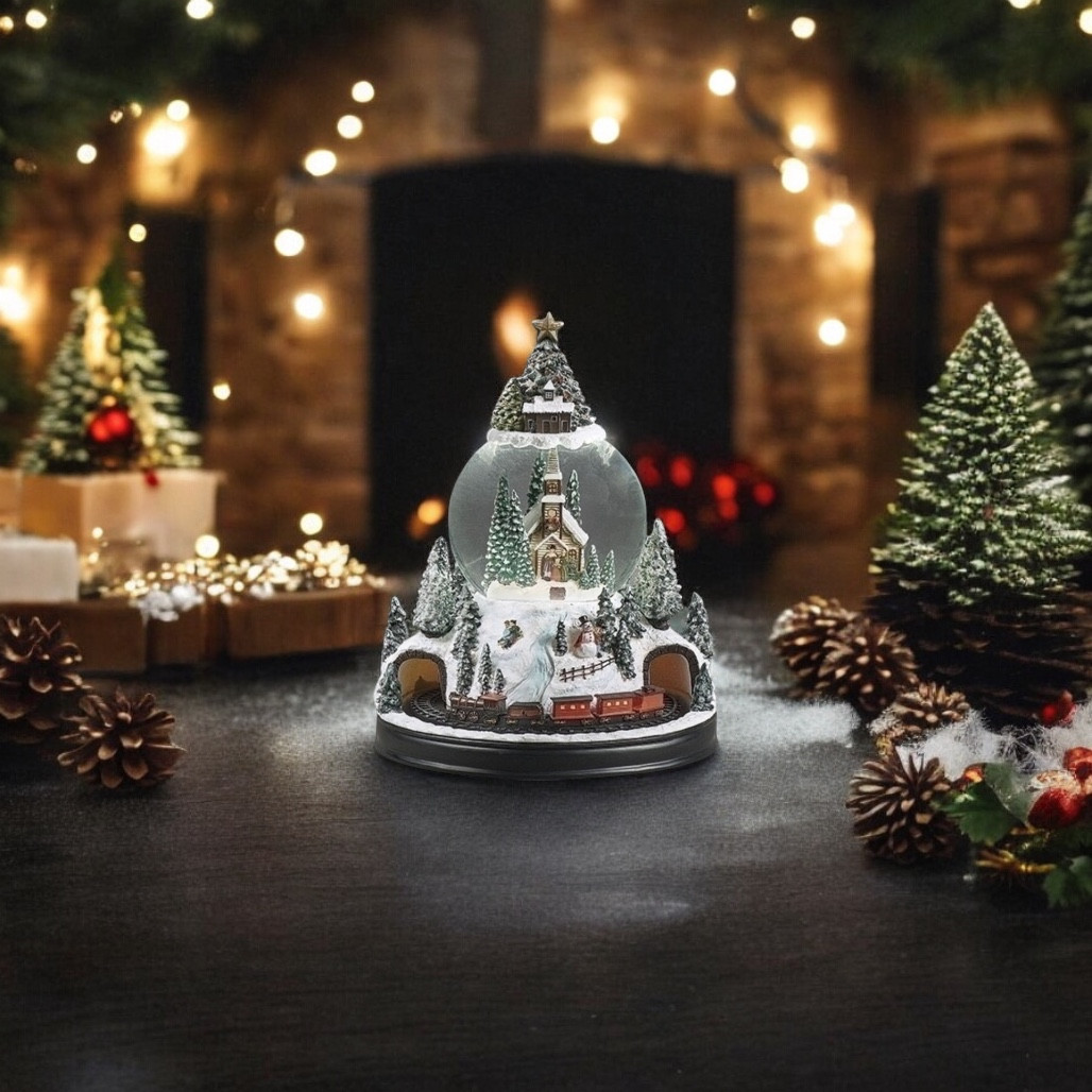 Lighted Musical Snow Globe with Church and Rotating Train