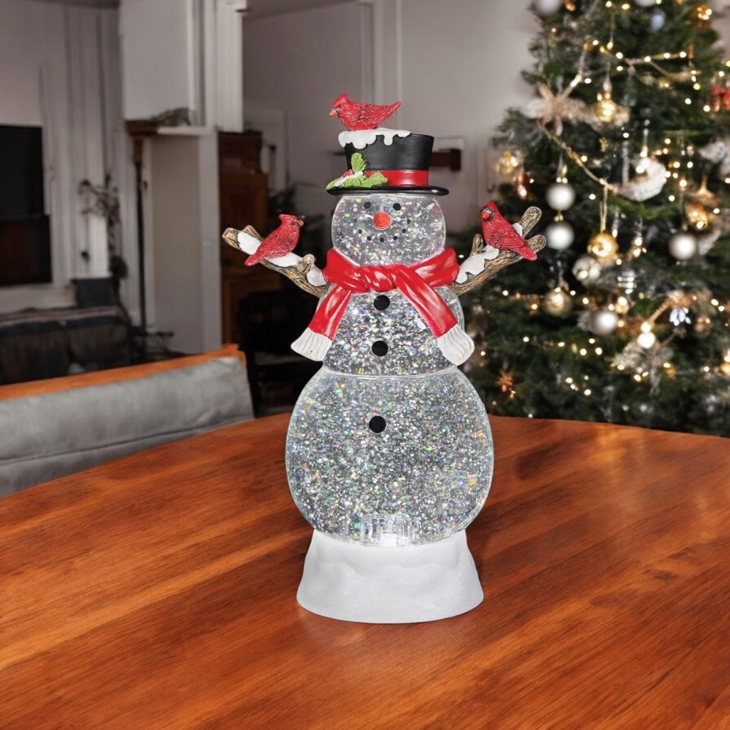 Lighted Snowman with Cardinals Swirling Shimmer