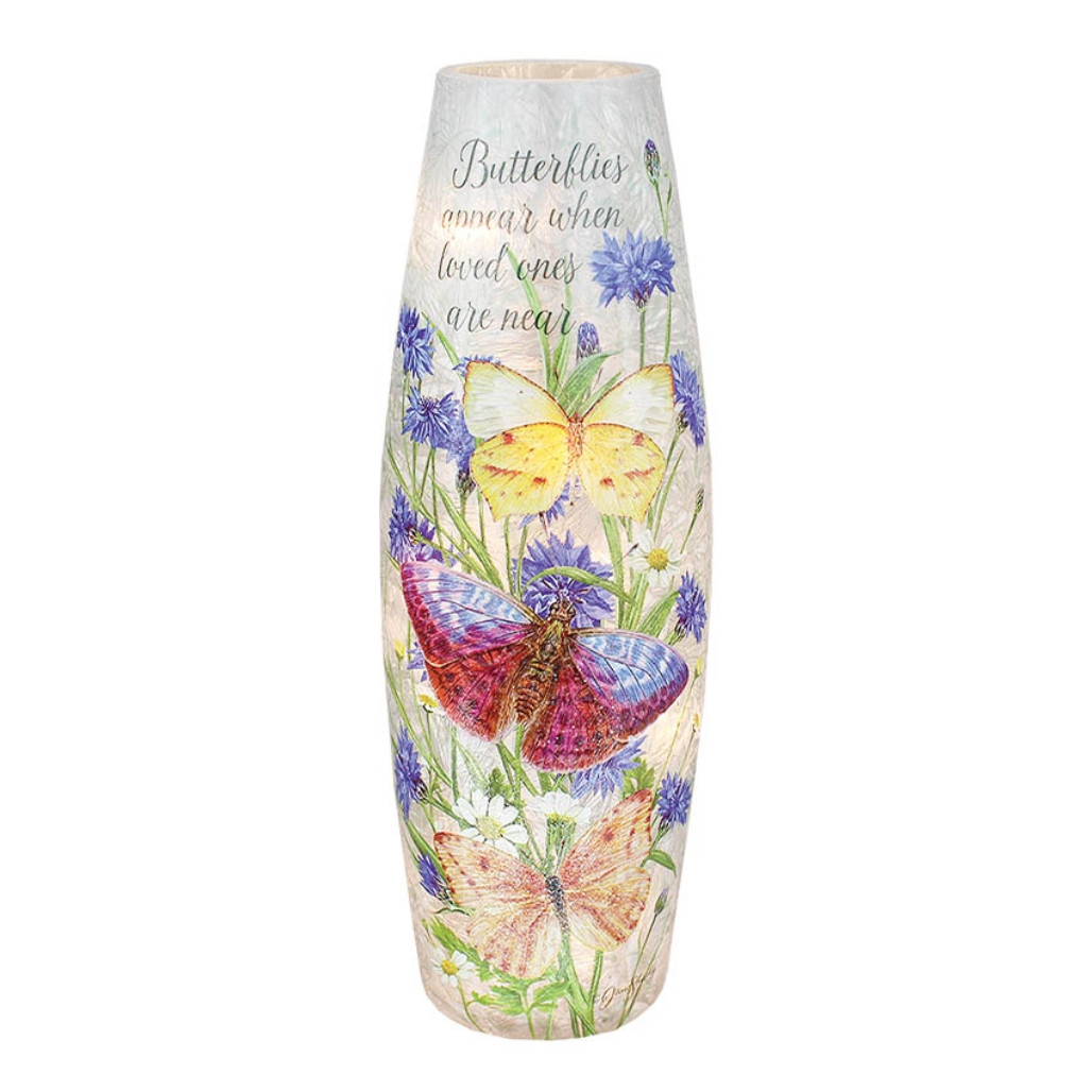 Stony Creek – Large Butterflies Appear With Blue Flowers Illuminated Lighted Vase