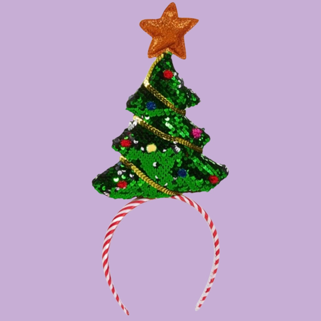 Sequin Christmas Tree Headband with Candy Cane Striped Band