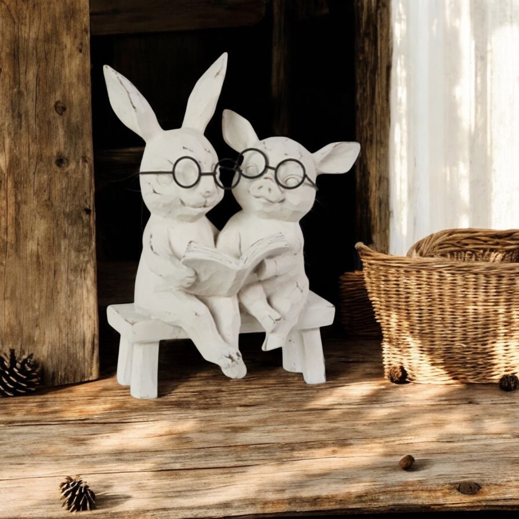 Reading Bunny & Pig on Bench
