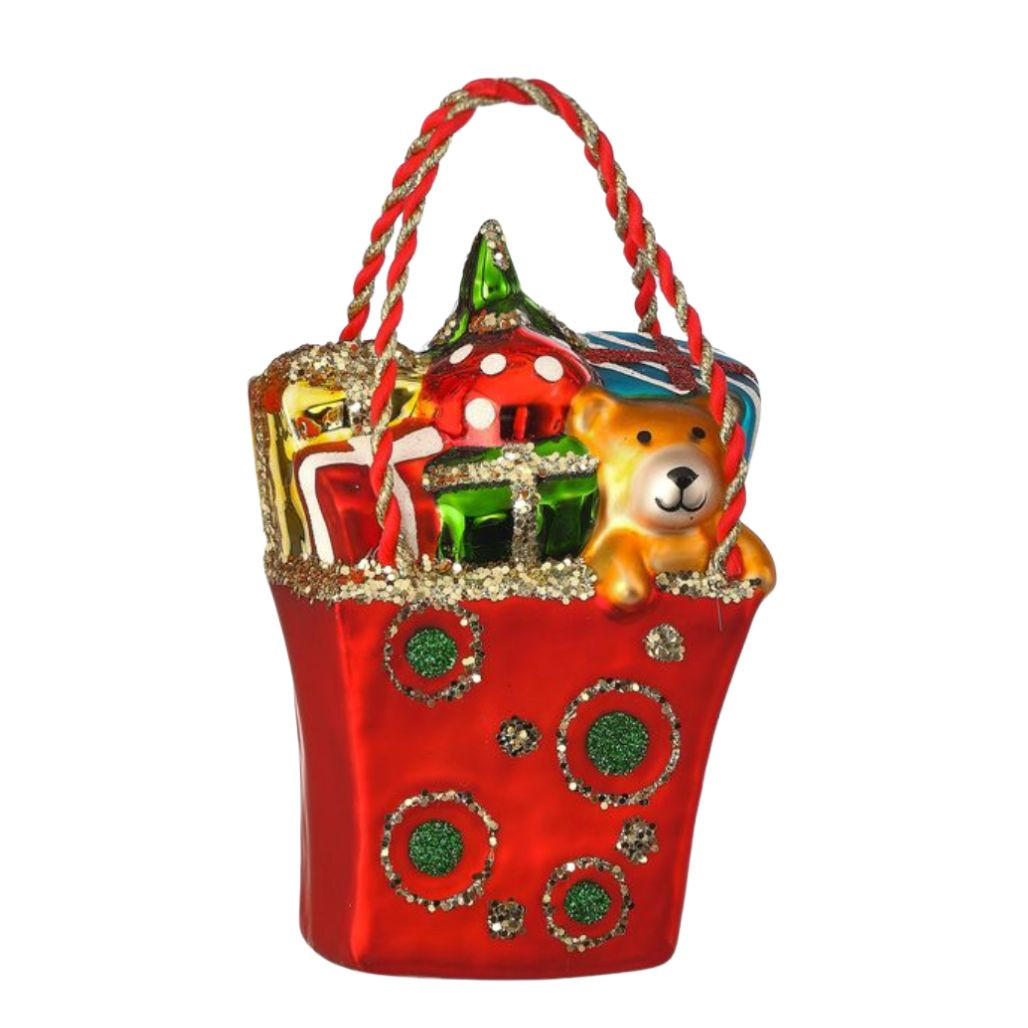Teddy Holiday Gift Bag Glass Ornament