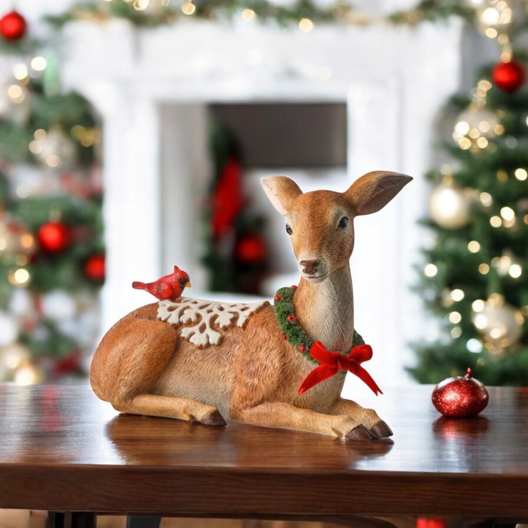 Deer with Cardinal and Snowflake Saddle - Sitting