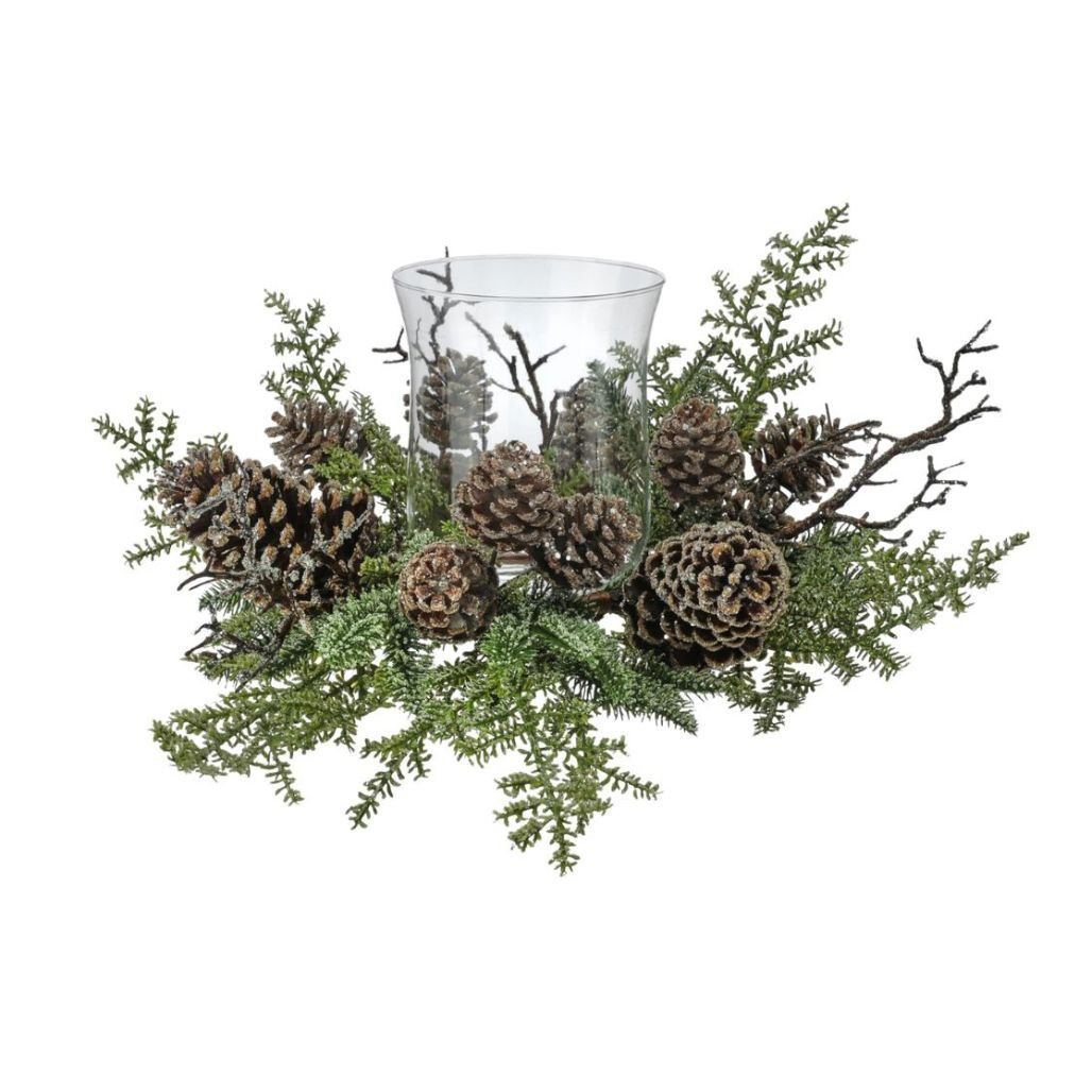 Iced Evergreen & Pine Cone Hurricane Centerpiece