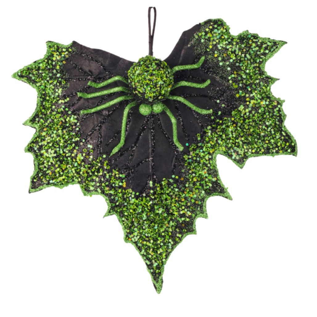 Sequin Spider with Glitter Leaf Ornament – Green