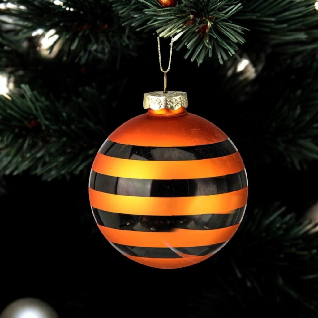 Halloween Striped Ball Ornaments Orange & Black Box of 3