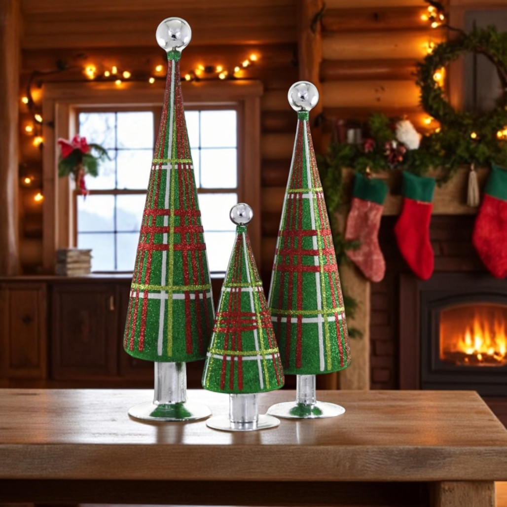 Cody Foster Glitter Plaid Tree - Green Set of 3