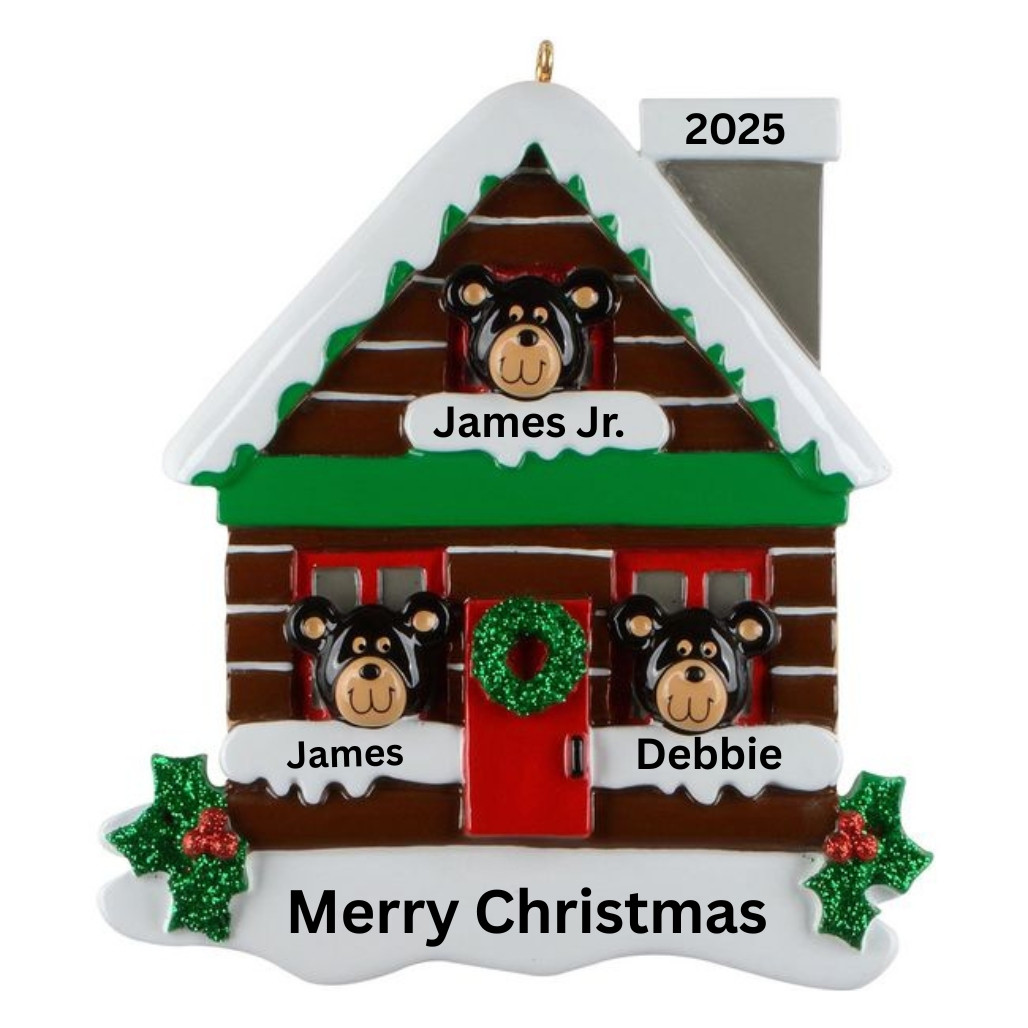 Log Cabin Bears Family of 3 Personalized Ornament
