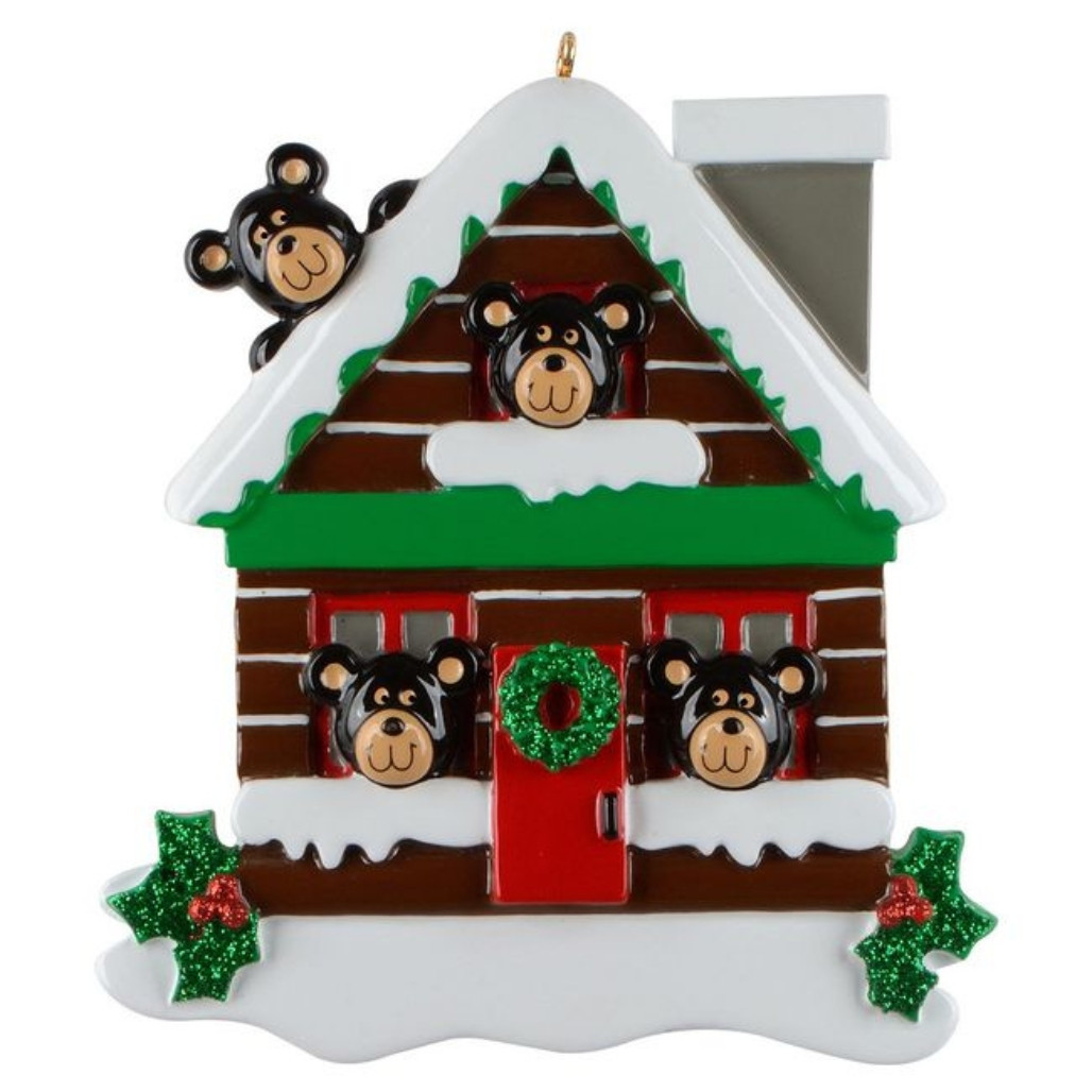 Log Cabin Bears Family of 4 Personalized Ornament