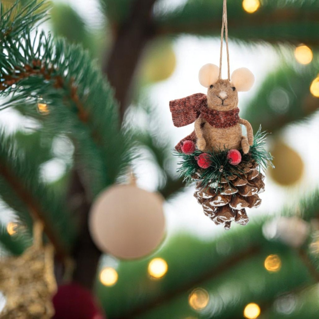 Woodland Mouse with Red Scarf Ornament