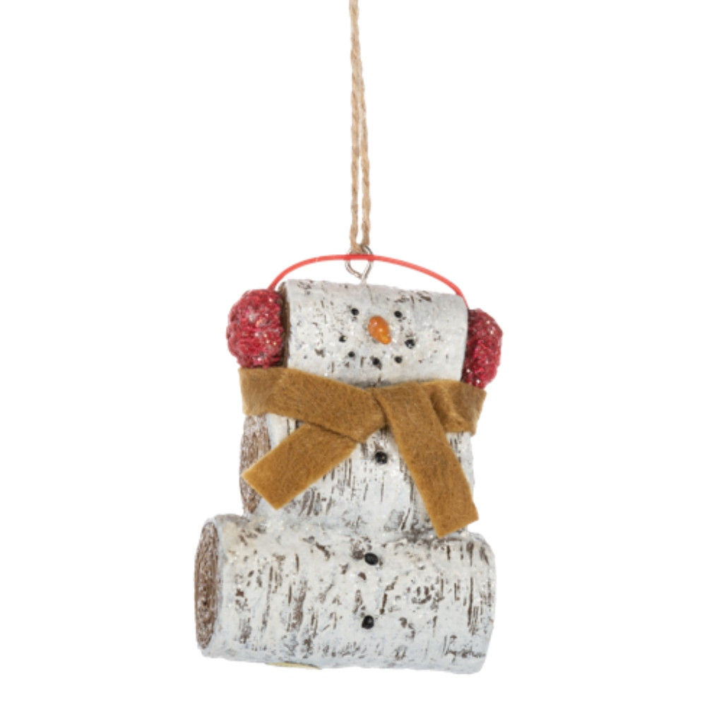 Birch Snowman with Gold Scarf Ornament