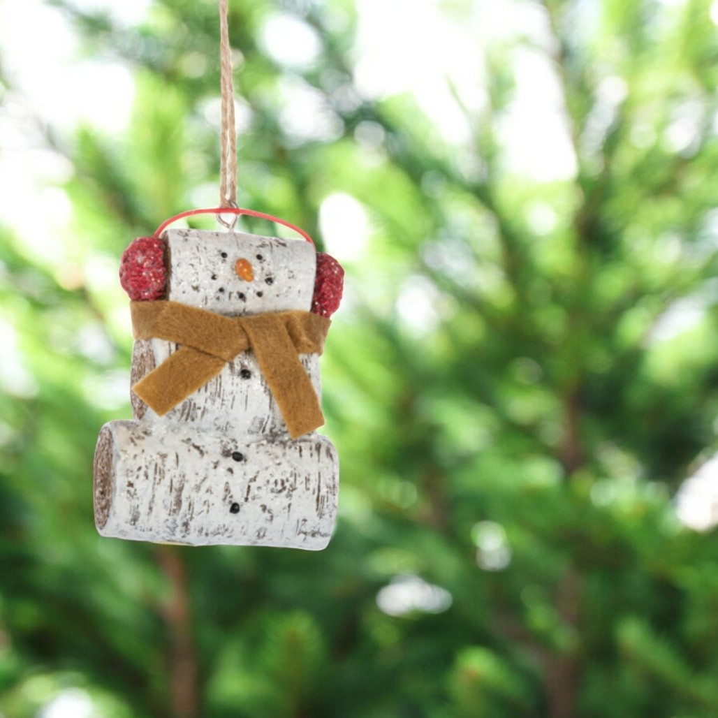Birch Snowman with Gold Scarf Ornament