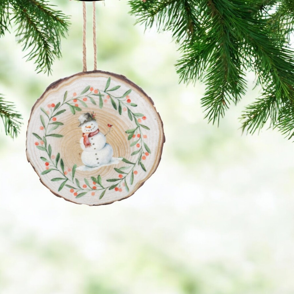 Snowman with Short Scarf Wood Slice Ornament