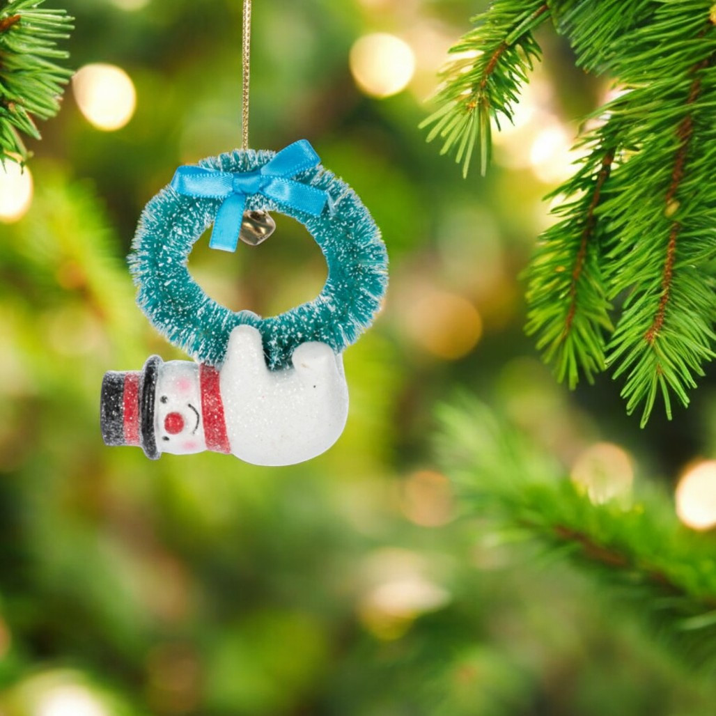 Snowman With Blue Wreath Ornament