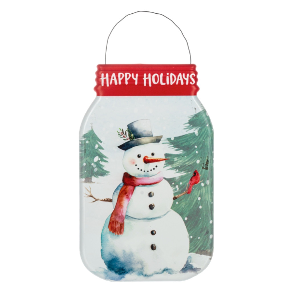 Happy Holidays Snowman Mason Jar Metal Sign