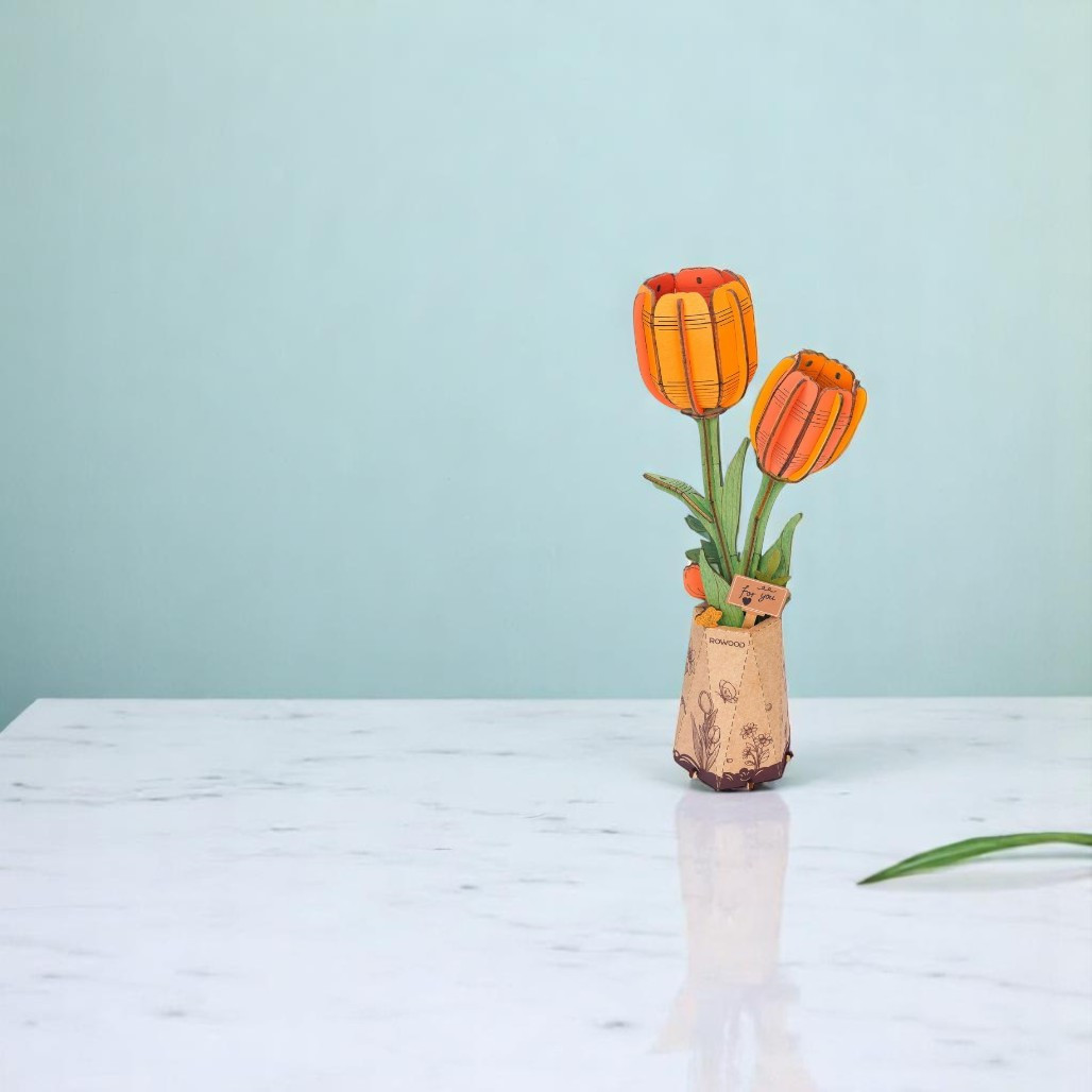 Orange Tulip 3D Wooden Puzzle Flower Kit