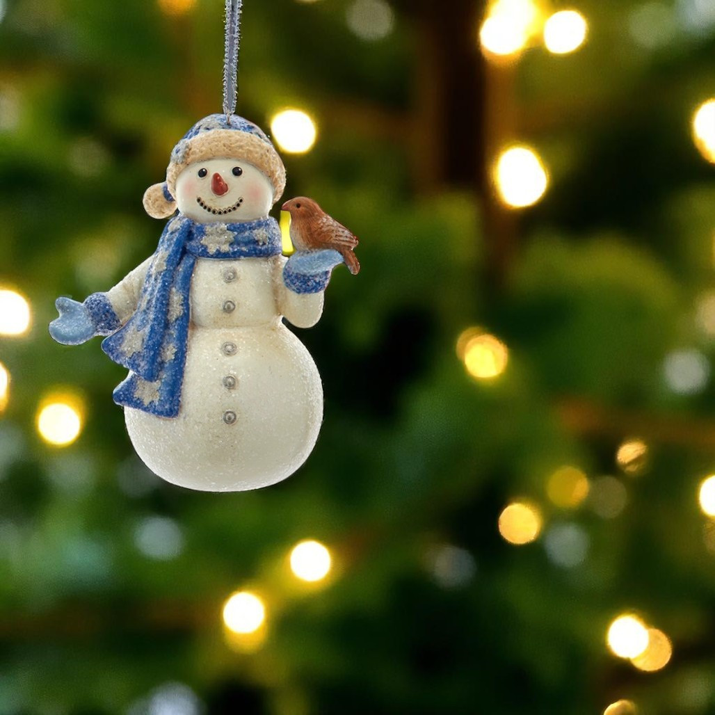 Blue And Platinum Snowman with Bird Ornament