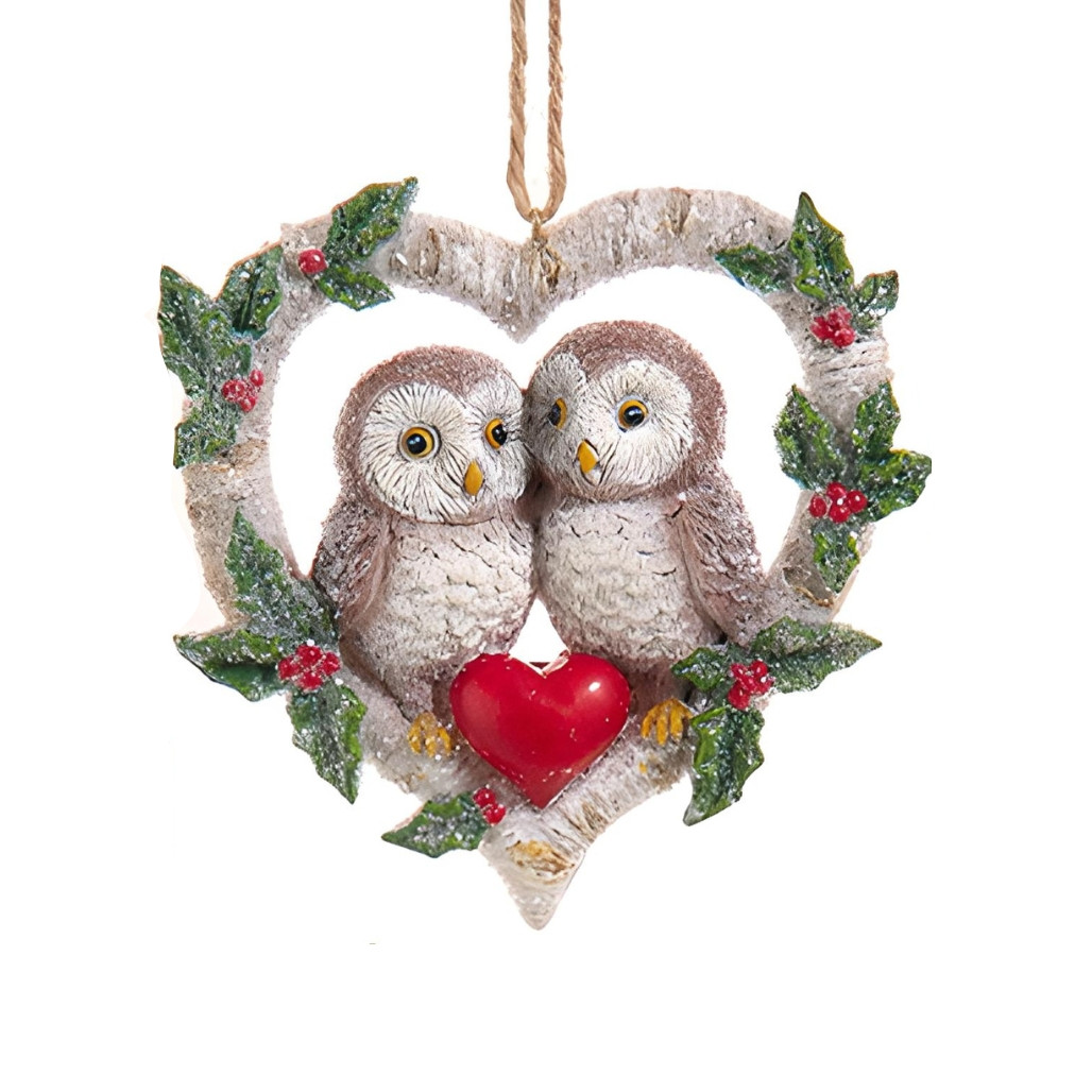 Birch Berries Heart Owl Ornament