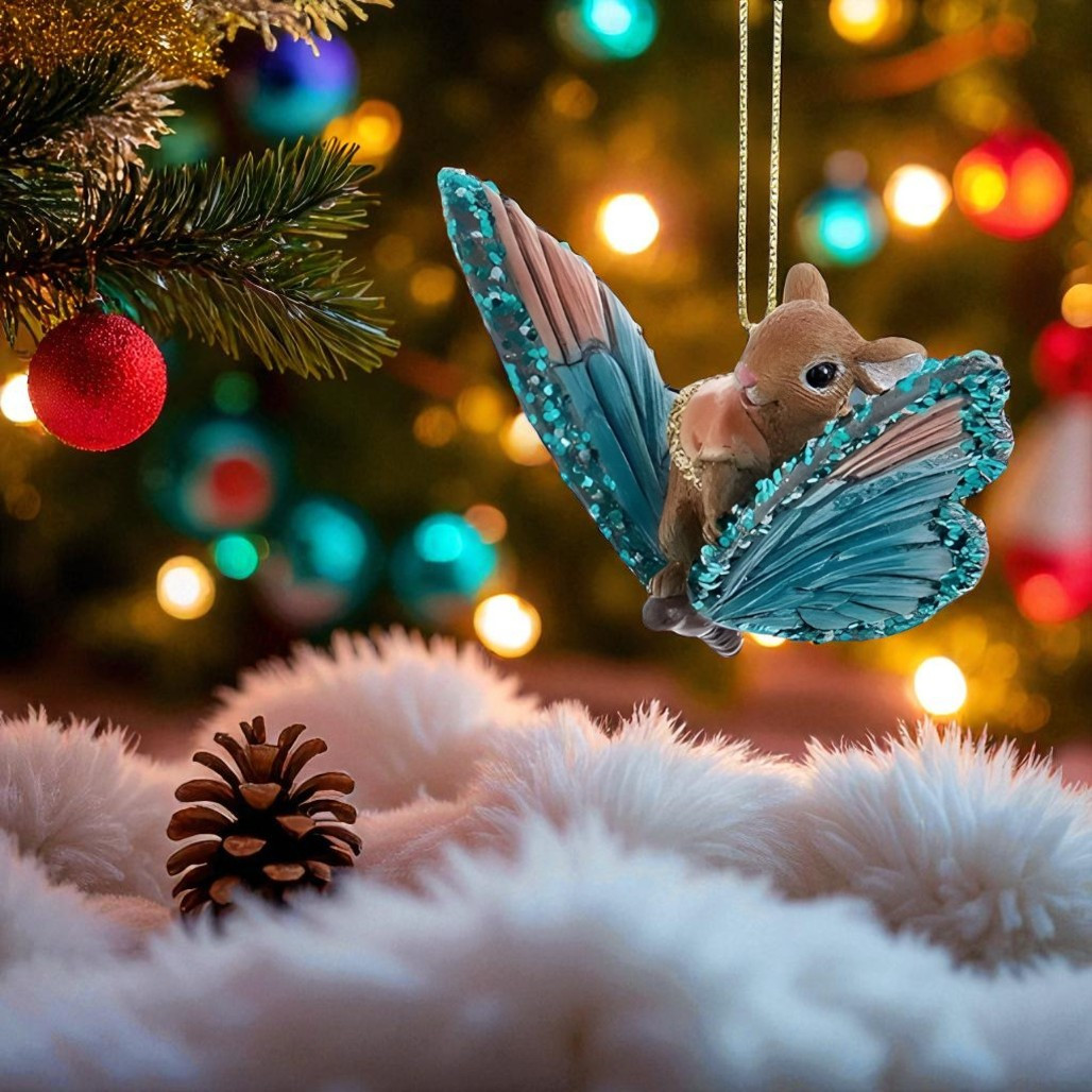 Mouse in Orange Vest Butterfly Ornament