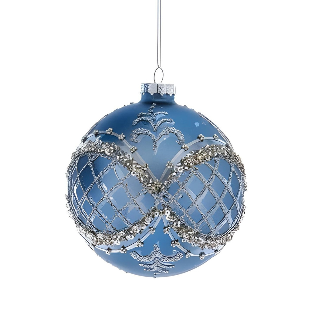 Blue And Platinum Glitter Ball Ornament