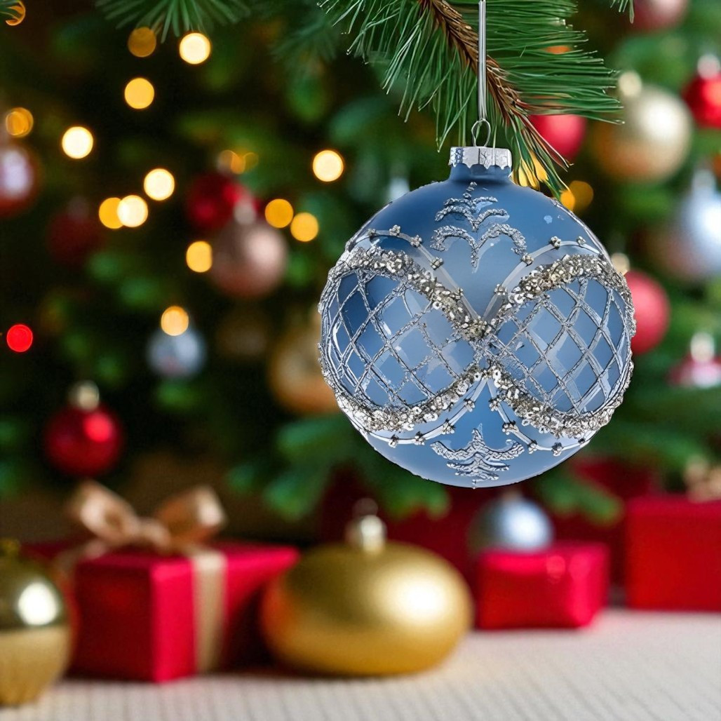 Blue And Platinum Glitter Ball Ornament