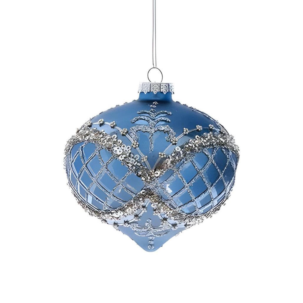 Glass Blue And Platinum Glitter Onion Ornament