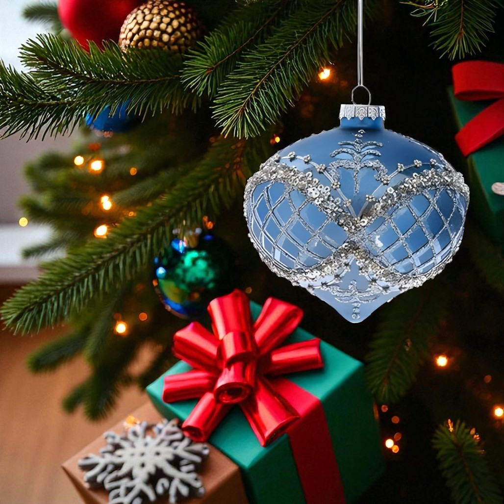 Glass Blue And Platinum Glitter Onion Ornament