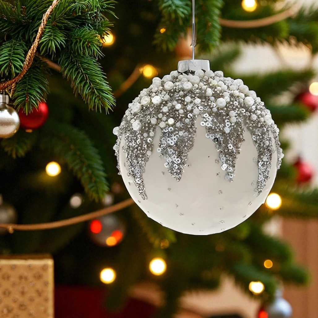 Glass Ivory Beaded Ball Ornament