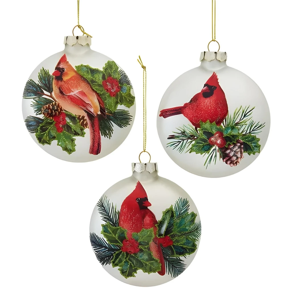 Glass Cardinal With Holly Set Of 3 Ornaments