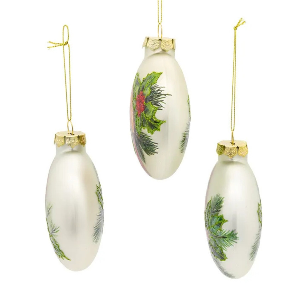 Glass Cardinal With Holly Set Of 3 Ornaments