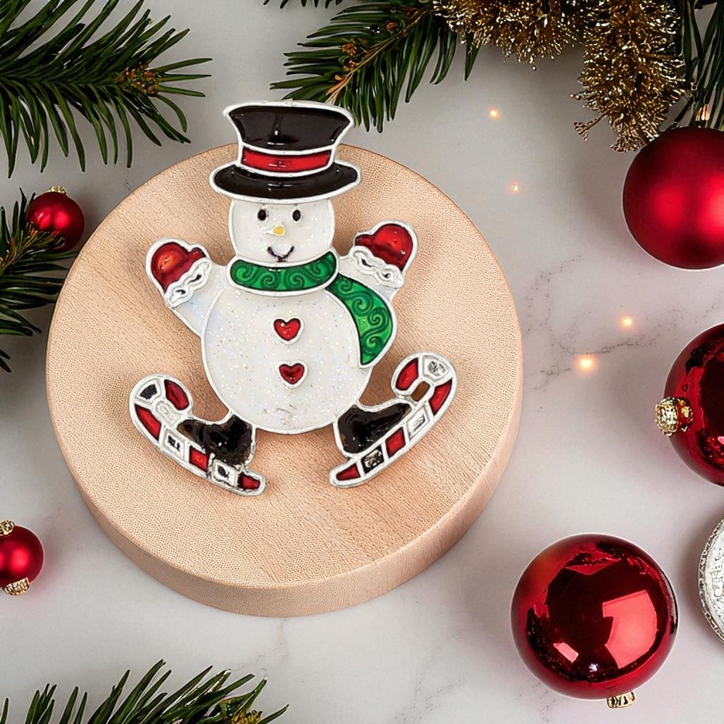 Skating Snowman Enamel Brooch